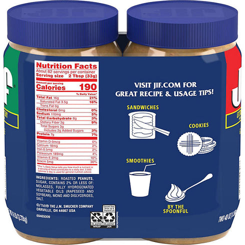 Jif Extra Crunchy Peanut Butter, 48 oz - 2 pk